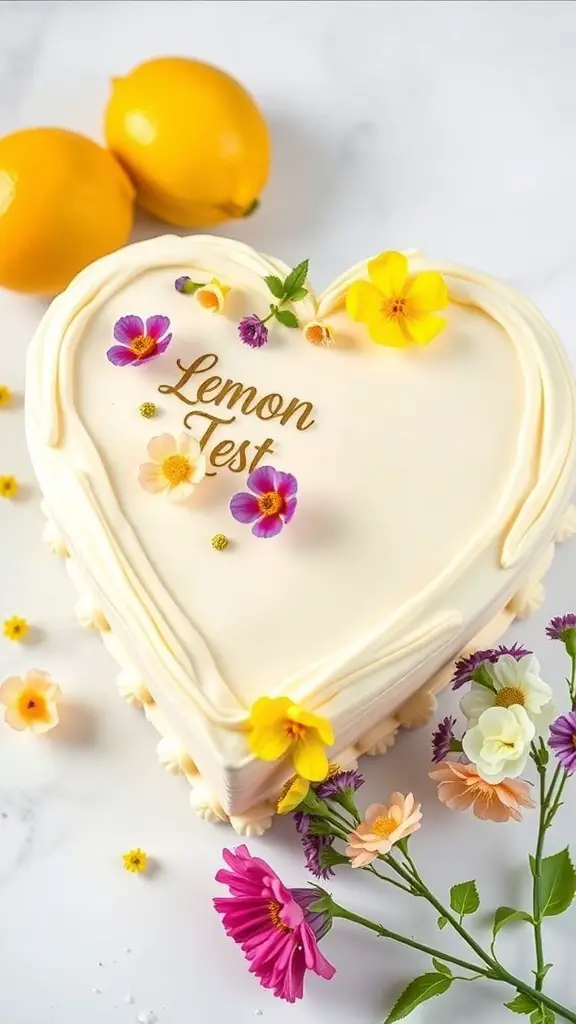 A heart-shaped lemon cake decorated with edible flowers and lemons.