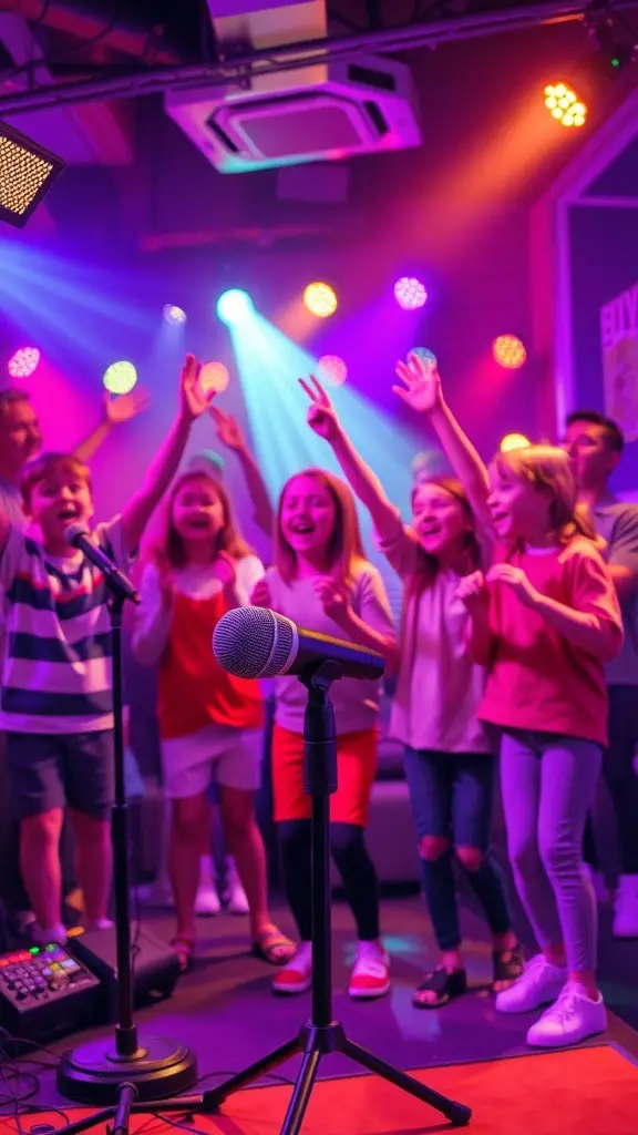 Kids enjoying a karaoke dance party with colorful lights and a microphone