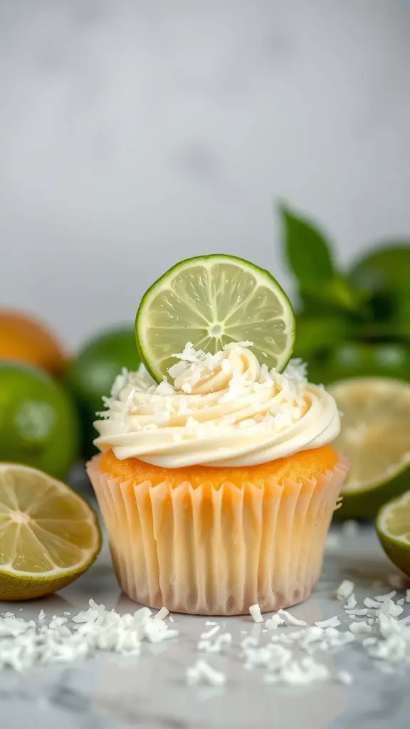 Coconut lime cupcake topped with a lime slice and coconut flakes, surrounded by limes