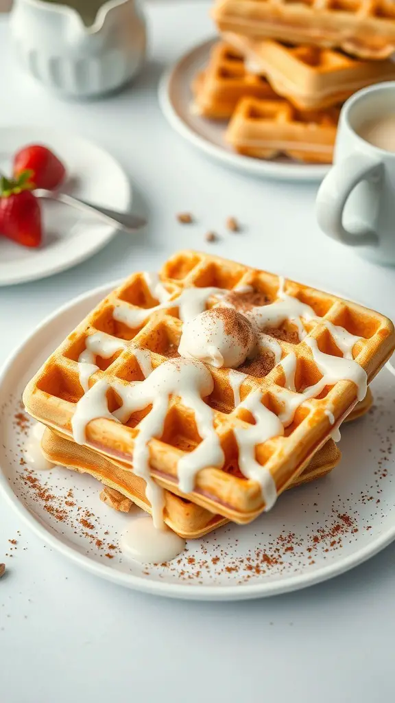 A plate of cinnamon roll waffles drizzled with icing, served with strawberries and coffee.