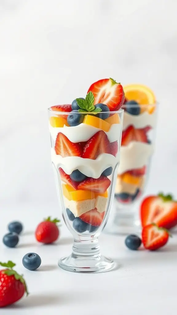 Two fruit and yogurt parfaits with layers of strawberries, blueberries, and yogurt in clear glasses