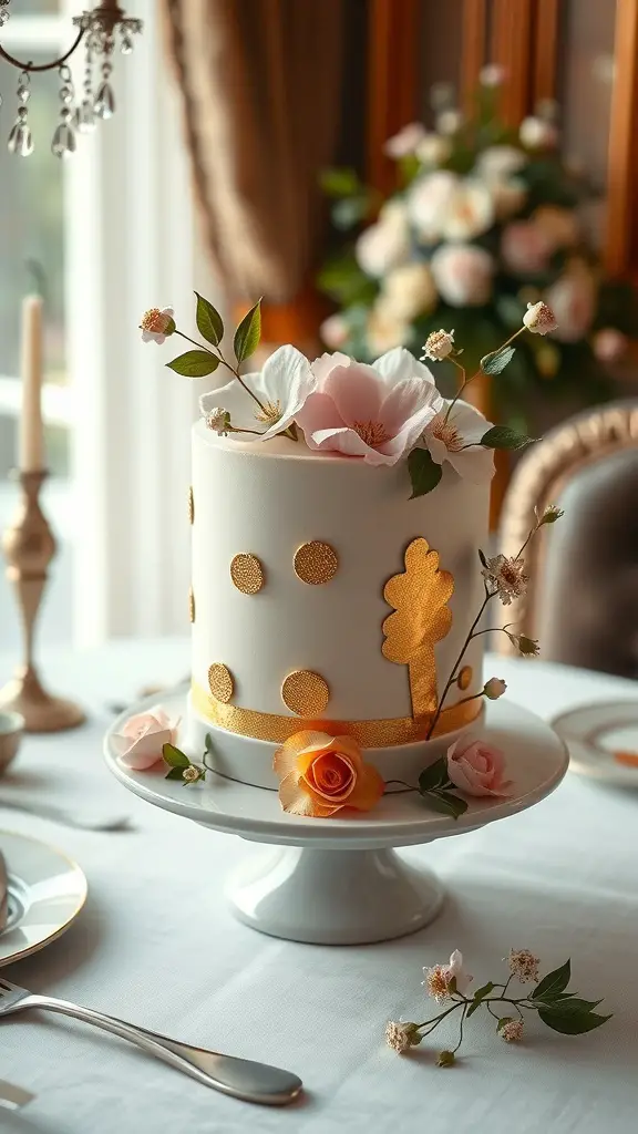 A bento cake decorated with gold leaf and flowers, showcasing elegance and style.