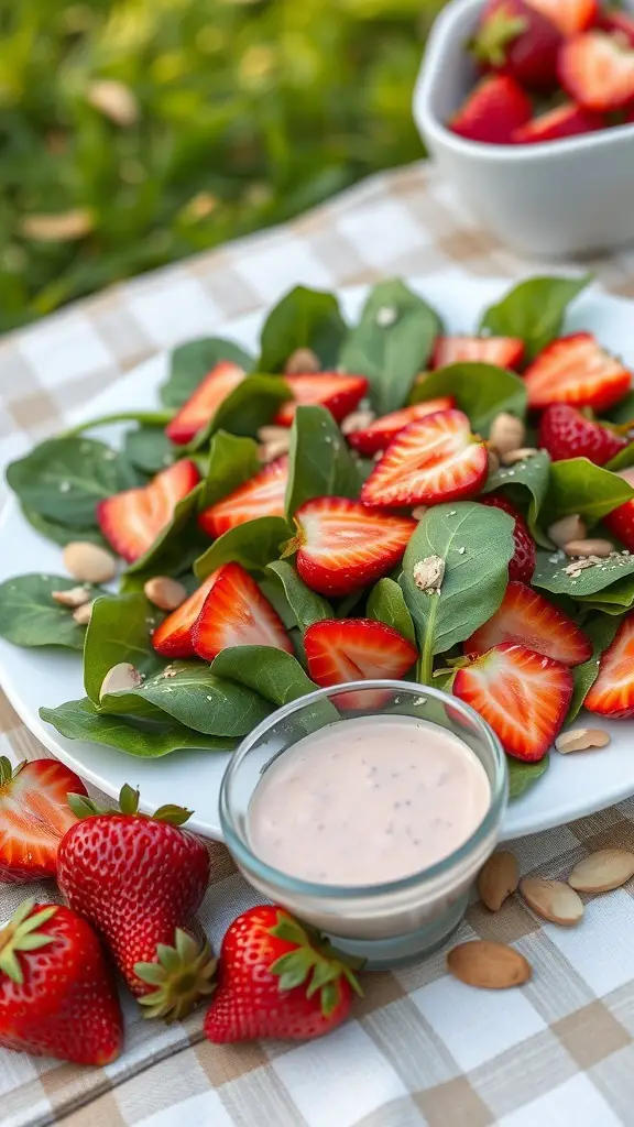 A vibrant Strawberry Spinach Salad with fresh strawberries, spinach leaves, and a creamy dressing.