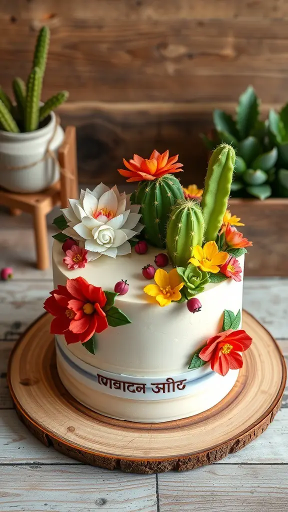A beautifully decorated succulent-themed cake with colorful flowers and cacti.