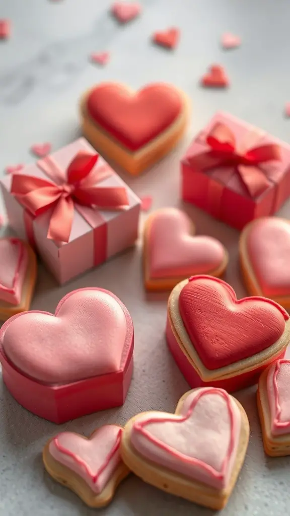 Mini heart-shaped sugar cookies in pink and red boxes