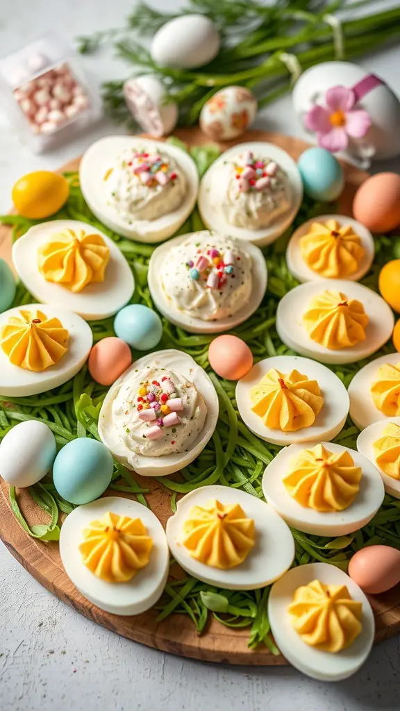 A colorful Easter grazing board featuring deviled eggs and pastel chocolate eggs on a wooden platter.