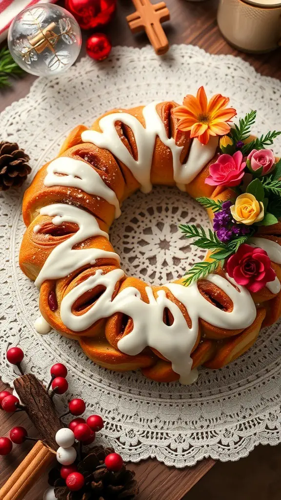 A beautifully decorated cinnamon roll wreath with icing and flowers on a lace doily.