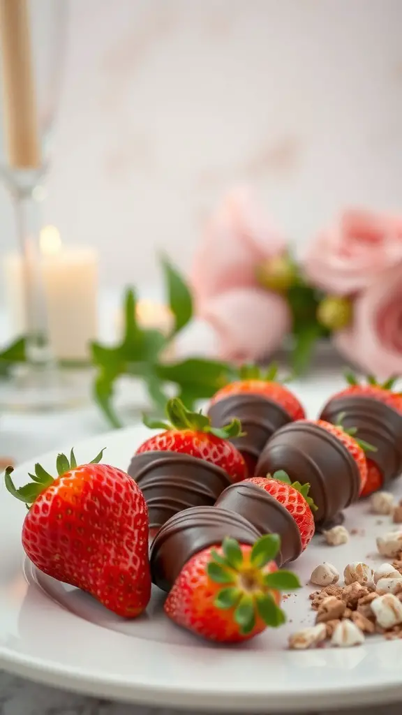 A plate of chocolate-dipped strawberries with pink roses and candles in the background.