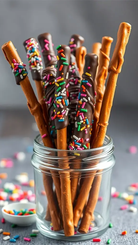 A jar filled with chocolate dipped pretzel rods decorated with colorful sprinkles.