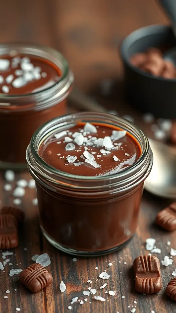 Two jars of chocolate budino topped with sea salt on a wooden surface