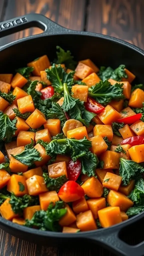 A skillet filled with diced sweet potatoes, kale, and cherry tomatoes, showcasing a colorful and healthy brunch option.