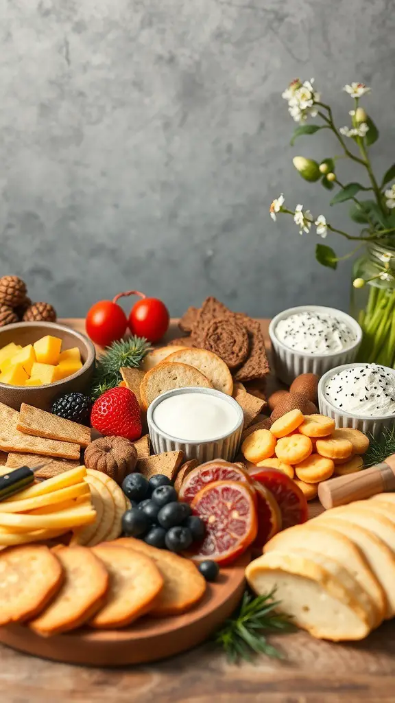 A beautifully arranged grazing board with cheeses, fruits, crackers, and dips.