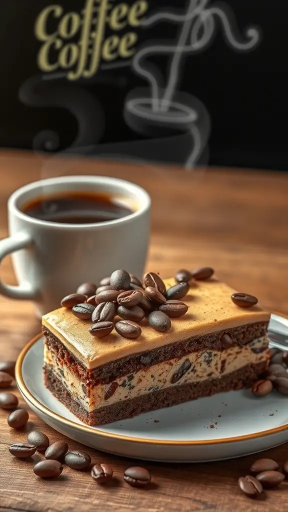 A bento cake with coffee flavor, topped with coffee beans, next to a cup of coffee.