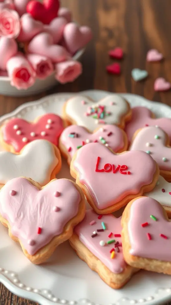 A plate of heart-shaped sugar cookies decorated with icing and sprinkles, surrounded by pink roses and small heart-shaped candies.
