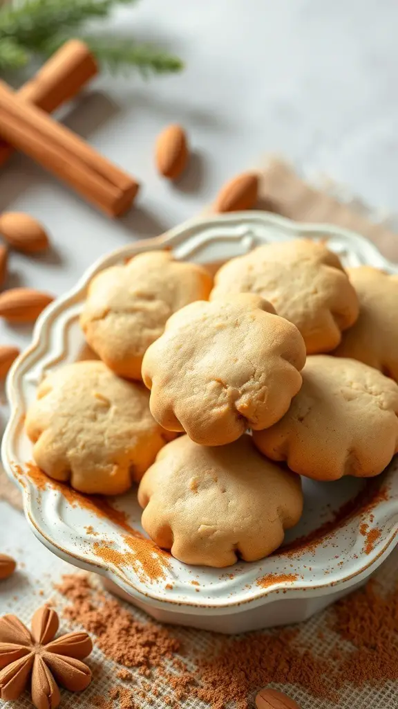 A plate of cinnamon almond butter cookies surrounded by almonds and cinnamon sticks.
