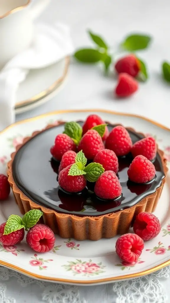 A beautifully presented Chocolate Raspberry Tart topped with fresh raspberries and mint leaves on a floral plate.