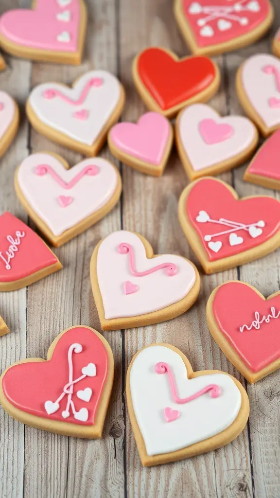 A variety of heart-shaped sugar cookies decorated with pink, red, and white icing.