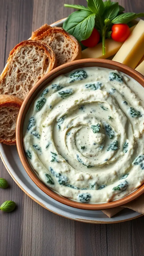 A bowl of creamy spinach and artichoke dip with slices of bread and fresh ingredients on the side.