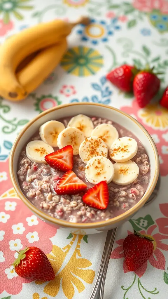 A bowl of pink strawberry oatmeal topped with banana slices and strawberries on a colorful floral tablecloth.