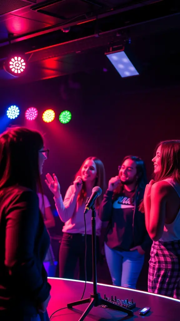 A group of friends enjoying a karaoke night with colorful lights and a microphone.
