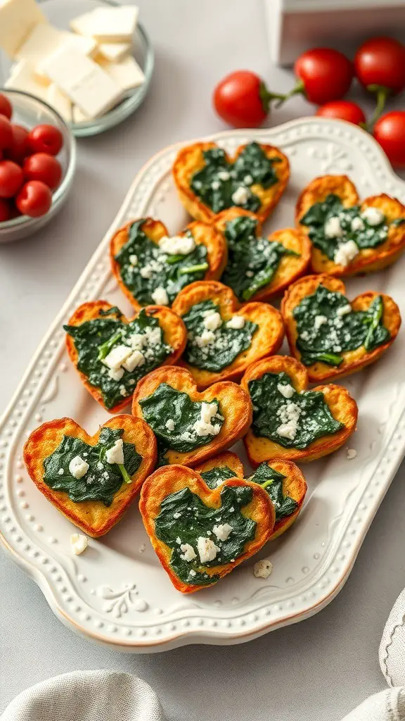 Heart-shaped spinach and feta bites arranged on a white platter.