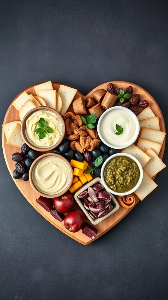 A heart-shaped charcuterie board featuring various cheeses, fruits, nuts, and dips.