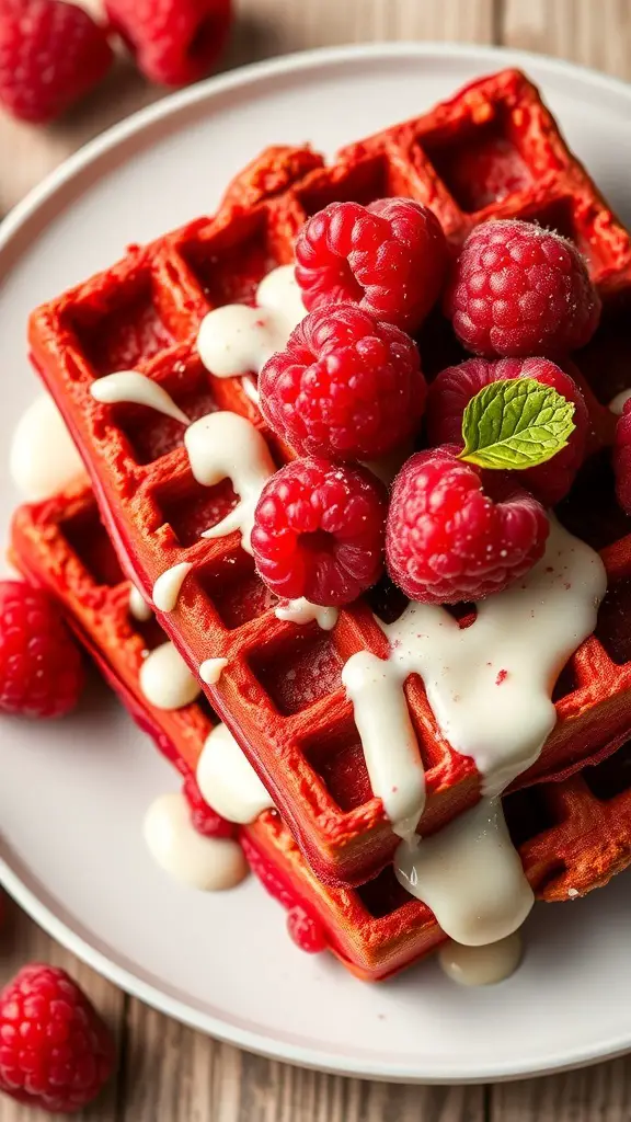 Red velvet waffles topped with raspberries and cream cheese drizzle