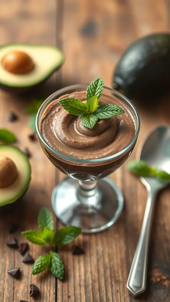 A glass of chocolate avocado mousse topped with mint leaves, surrounded by avocados and chocolate chips on a wooden table.