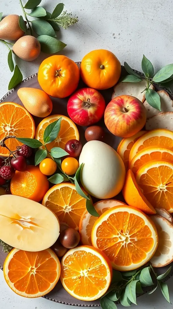 A colorful arrangement of citrus fruits and apples on a charcuterie board.