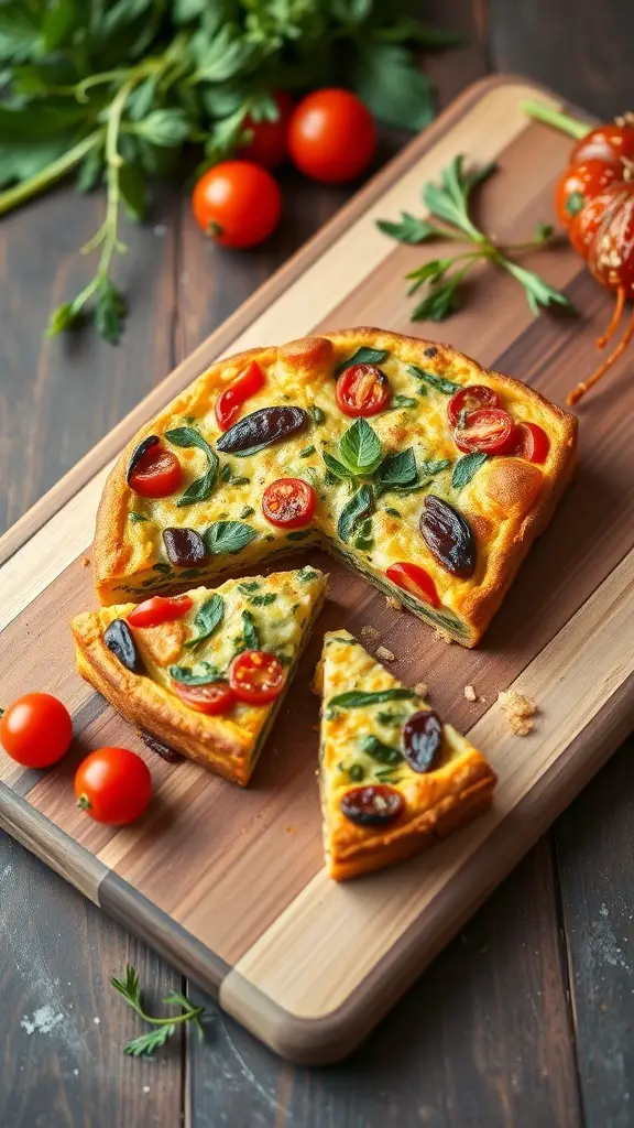 A vegetable and herb frittata with cherry tomatoes and greens on a wooden board.