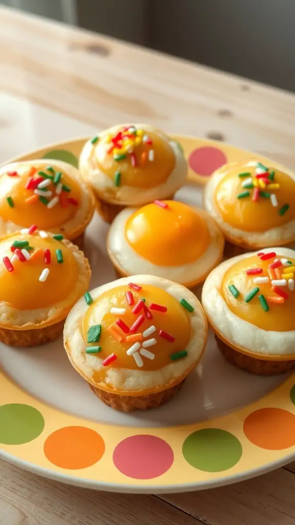 A plate of decorative egg muffins topped with yellow frosting and colorful sprinkles.