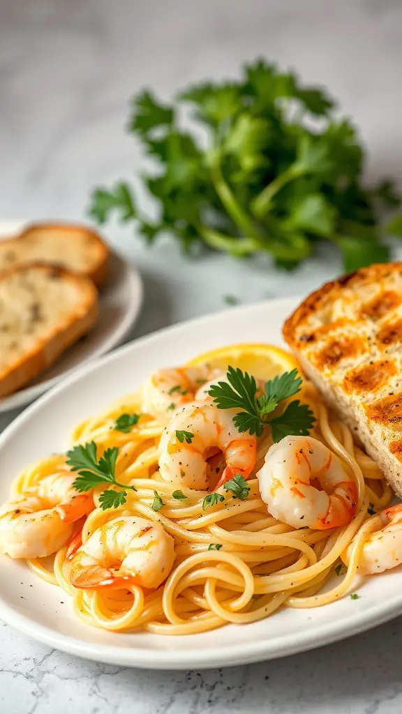 A plate of lemon garlic shrimp pasta with a slice of toasted bread and fresh parsley in the background.