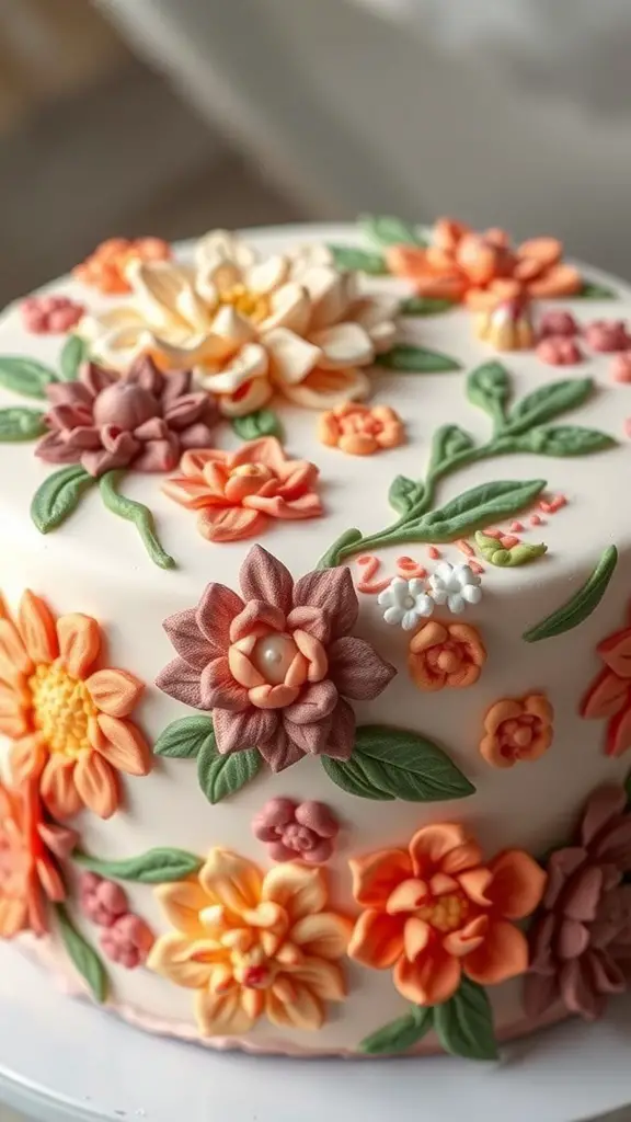 A beautifully decorated spring flower cake with intricate floral patterns in shades of orange, pink, and cream.