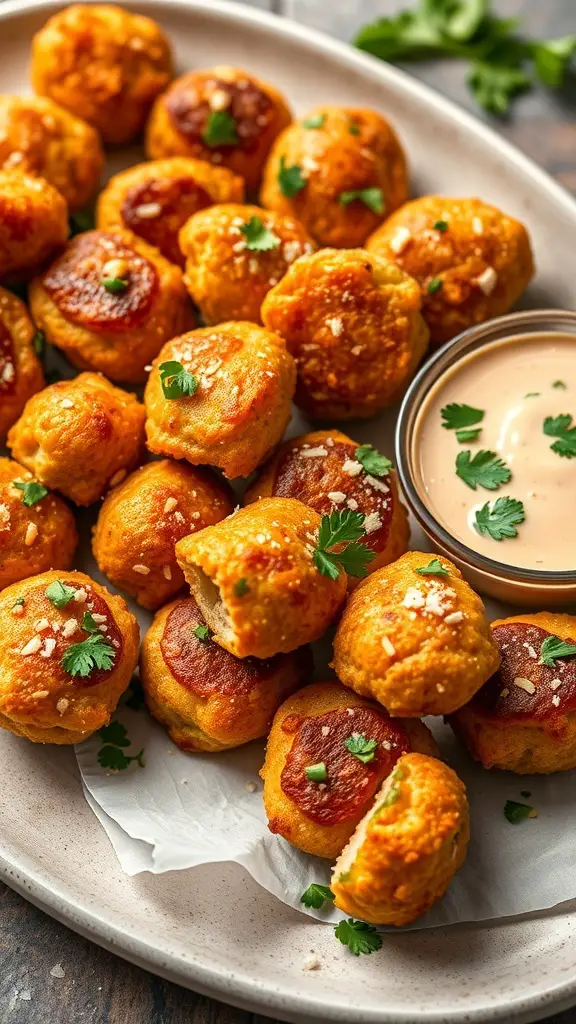 A plate of spicy jalapeño popper bites with a dipping sauce