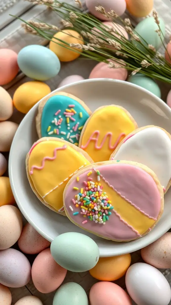 Colorful Easter egg cookies on a plate surrounded by pastel eggs