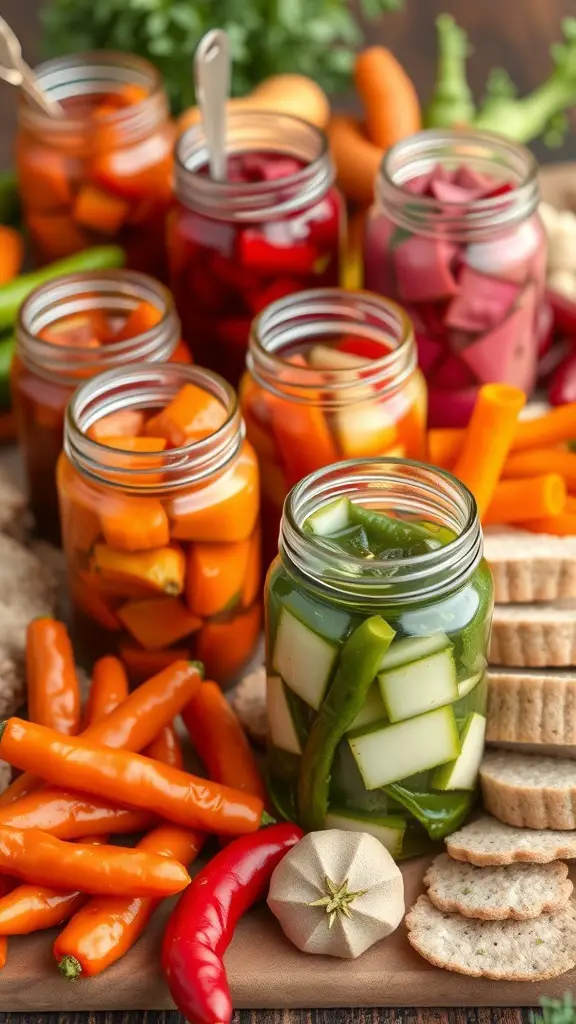 A variety of colorful jars filled with spicy pickled vegetables, including carrots, peppers, and cucumbers, arranged on a wooden board.
