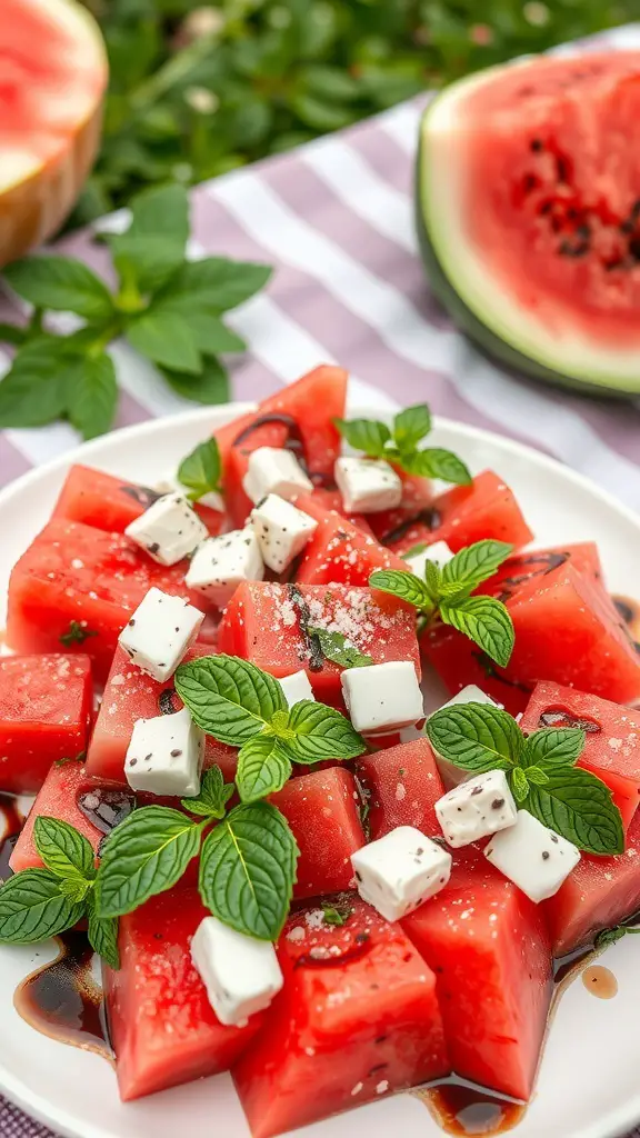 A plate of watermelon and feta salad garnished with mint leaves and balsamic glaze.
