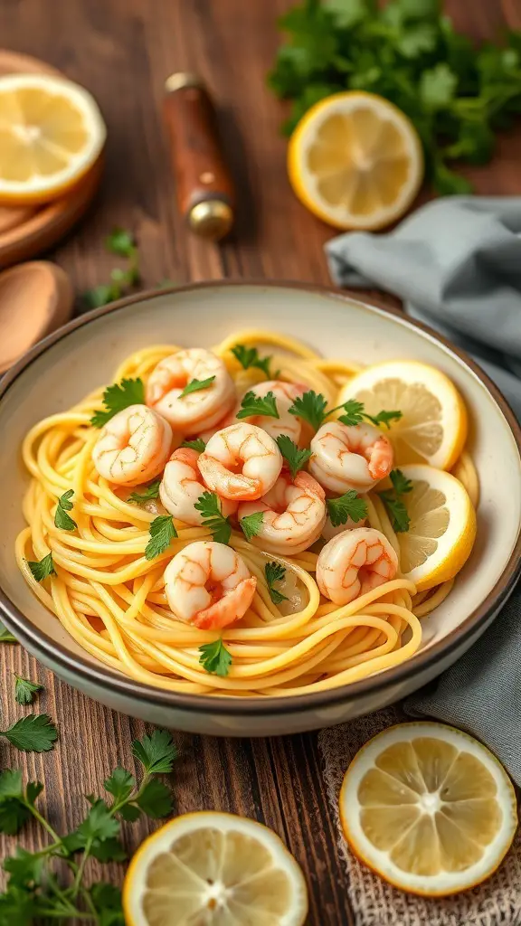 A bowl of lemon butter shrimp pasta garnished with parsley and lemon slices on a wooden table.