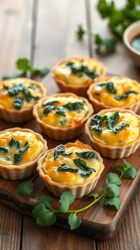 A wooden platter with mini quiches filled with spinach and cheese, garnished with fresh herbs.