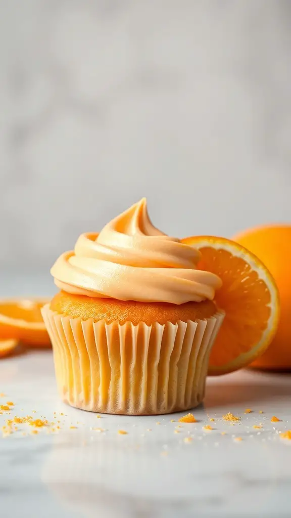 A delicious orange creamsicle cupcake with orange frosting and a slice of orange beside it.