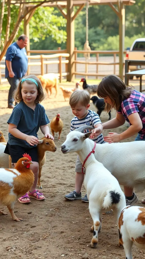 Children interacting with animals at a petting zoo.
