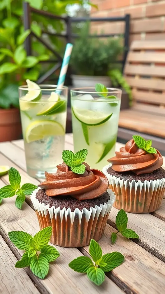 Chocolate Mint Mojito Cupcakes with mojito drinks in the background
