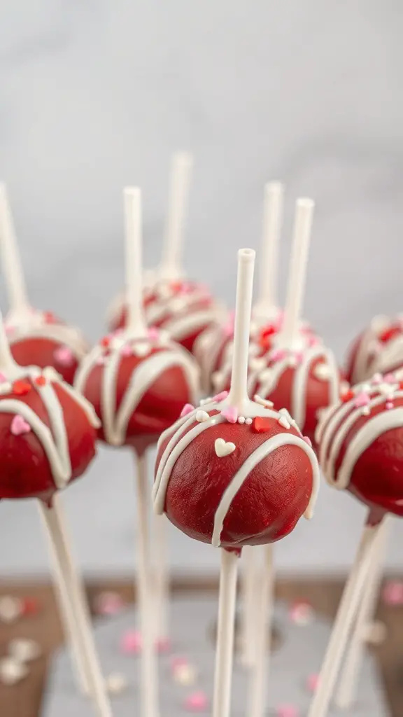 Red velvet cake pops decorated with white chocolate drizzle and heart-shaped sprinkles