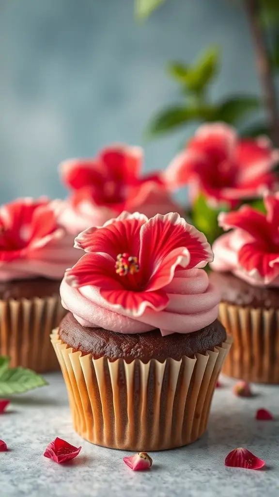 Hibiscus infused cupcakes with pink frosting and hibiscus flower decorations