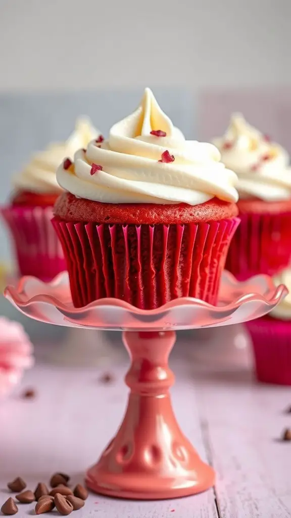 Red velvet cupcake with cream cheese frosting on a pink pedestal