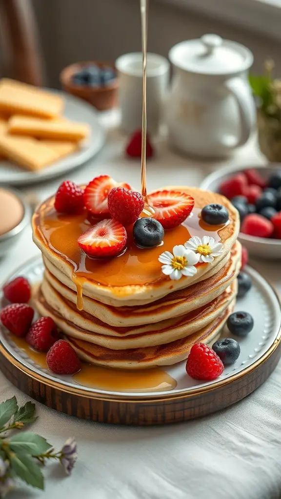 A stack of heart-shaped pancakes topped with strawberries, blueberries, and syrup.