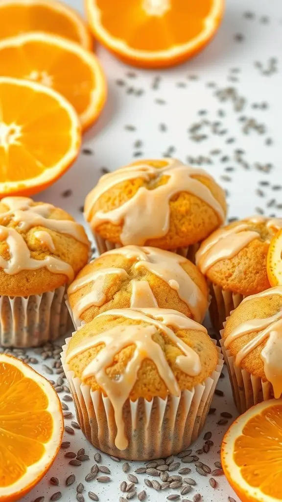 Orange poppy seed muffins with glaze and fresh orange slices
