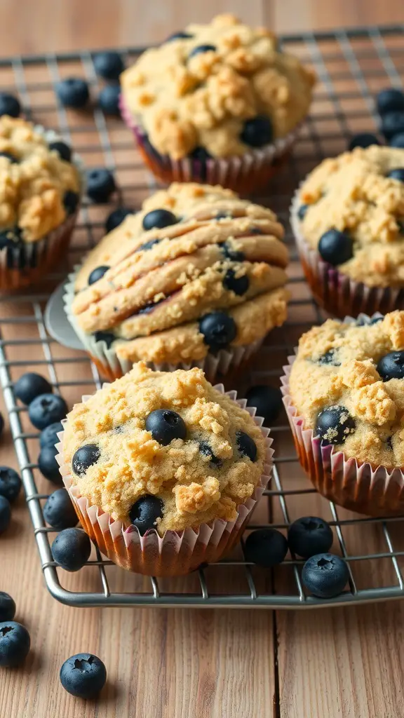 Freshly baked blueberry muffins with crumble topping on a cooling rack