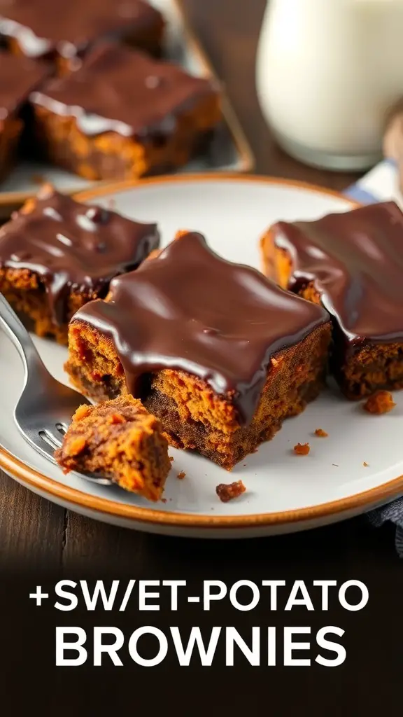 Delicious sweet potato brownies topped with chocolate glaze on a plate