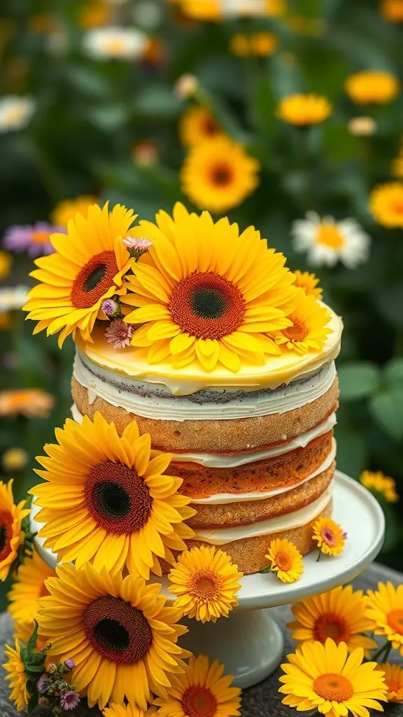 A beautiful sunflower and daisy layer cake surrounded by fresh flowers.